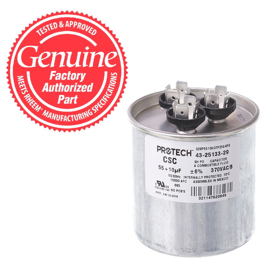 Rheem 43-25133-29 Dual Round Capacitor 55 + 10 MFD x 370V