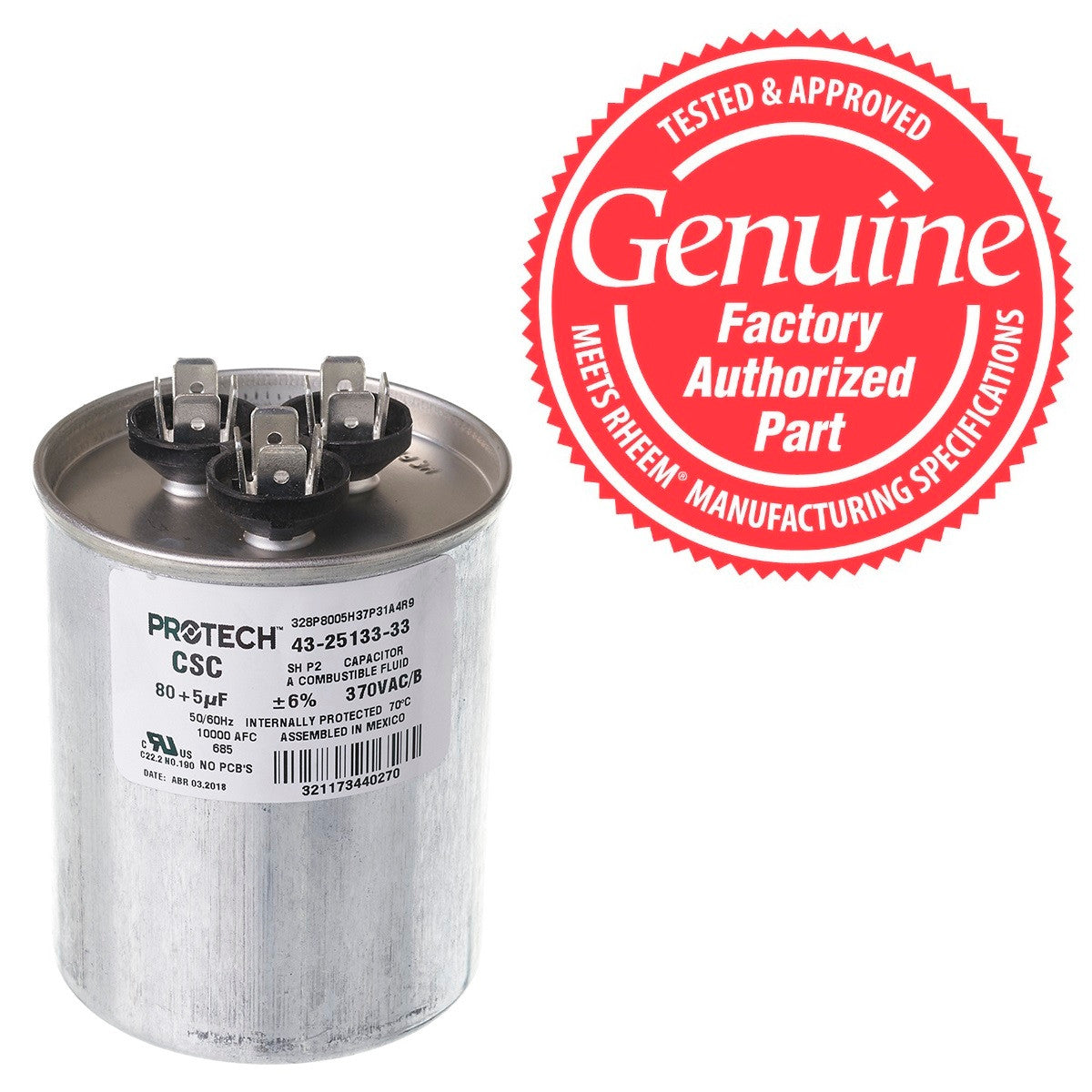 Rheem 43-25133-33 Dual Round Capacitor 80 + 5 MFD x 370V