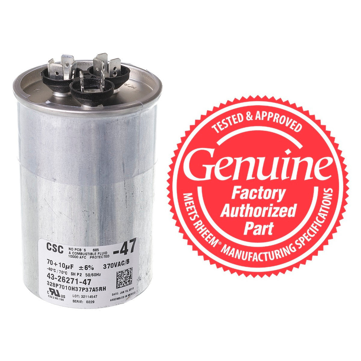 Rheem 43-26271-47 Dual Round Capacitor 70 + 10 MFD x 370V