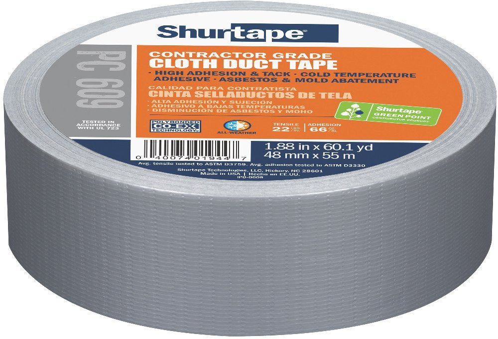 Shurtape PC 609 Performance Grade Co-Extruded Cloth Duct Tape, 48mm x 55m Silver
