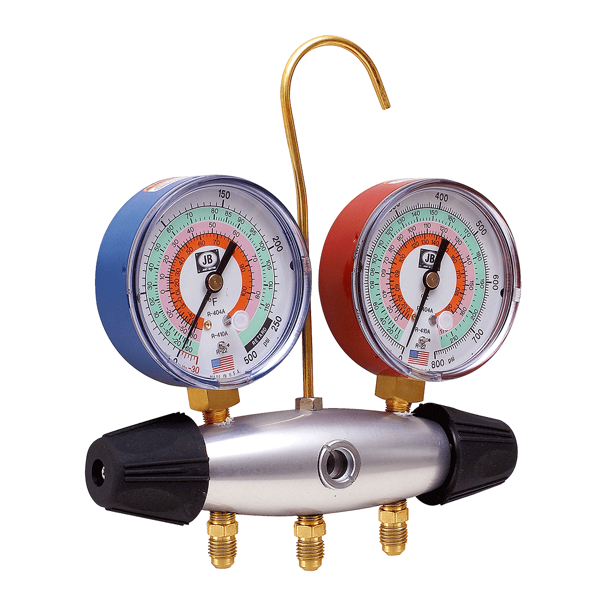 JB Industries 24225 2-valve Aluminum Zeppelin 3-1/8" Illuminating R22, R404A, R410A Manifold only