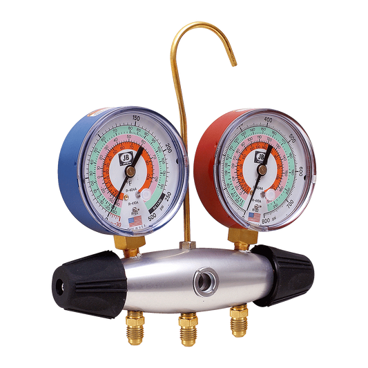 JB Industries 24225 2-valve Aluminum Zeppelin 3-1/8" Illuminating R22, R404A, R410A Manifold only