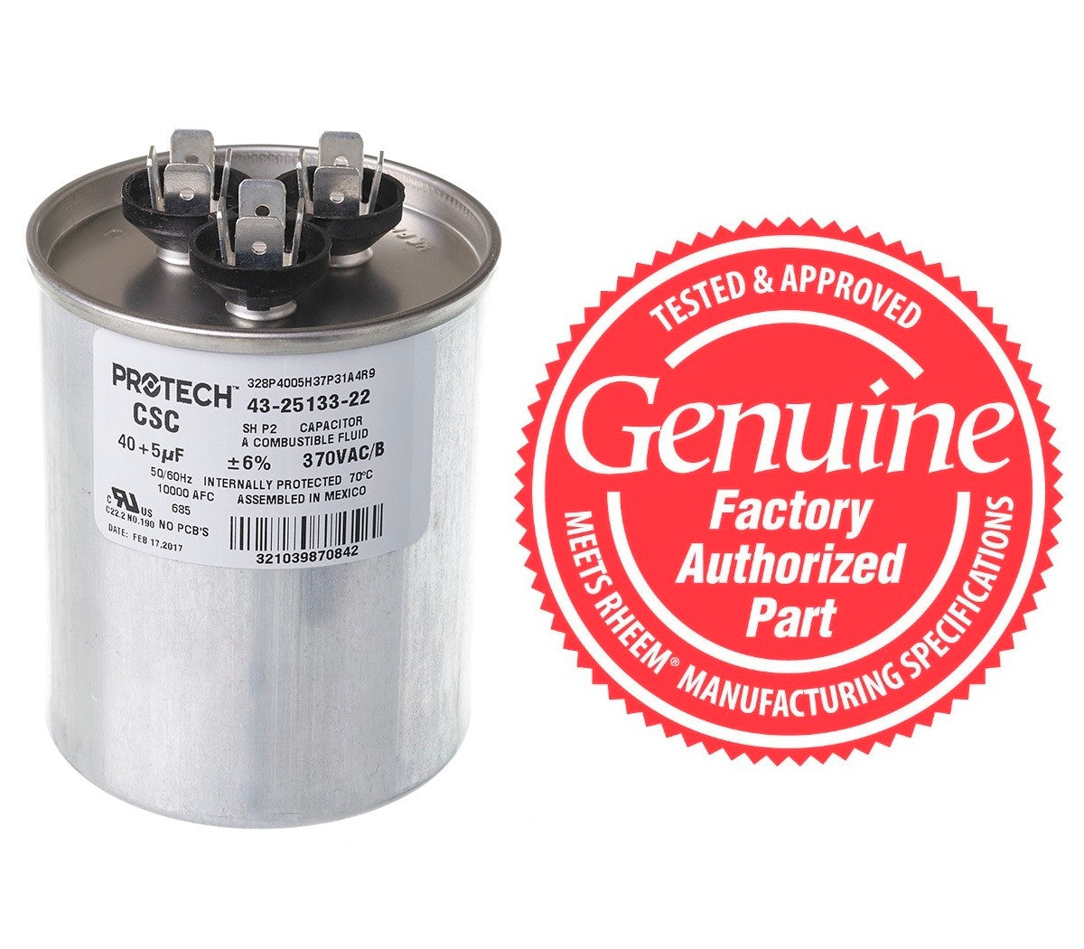 Rheem 43-25133-22 Dual Round Capacitor 40 + 5 MFD x 370V