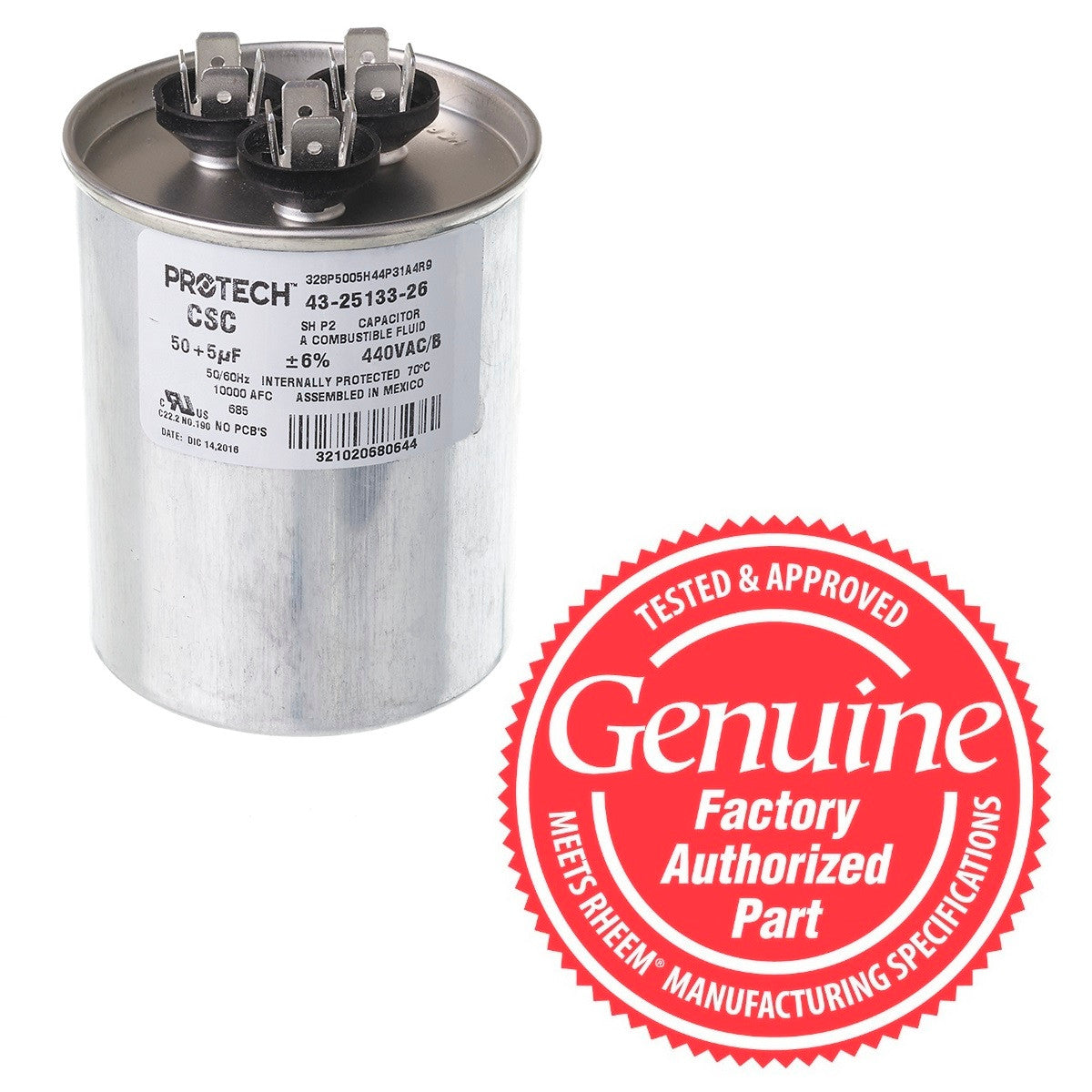 Rheem 43-25133-26 Dual Round Capacitor 50 + 5 MFD x 440V
