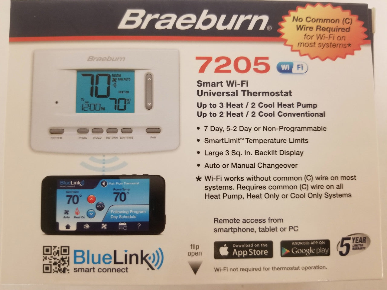 Braeburn 7205 Smart Wi-Fi 7 Day 5-2 or Non Programmable conventional or heat pump Thermostat 3H/2C