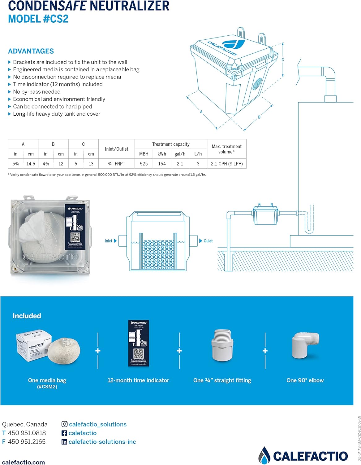 Calefactio CondenSAFE CS2 500000 btu/hr Condensate Neutralizer for Residential Condensing Gas Boiler