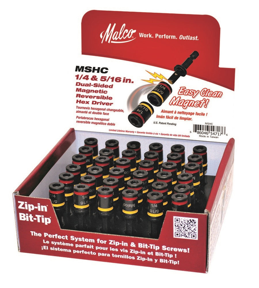 Malco MSHC 2" C-RHEX Dual 1/4" & 5/16" Magnetic Hex Driver, Pack of 36