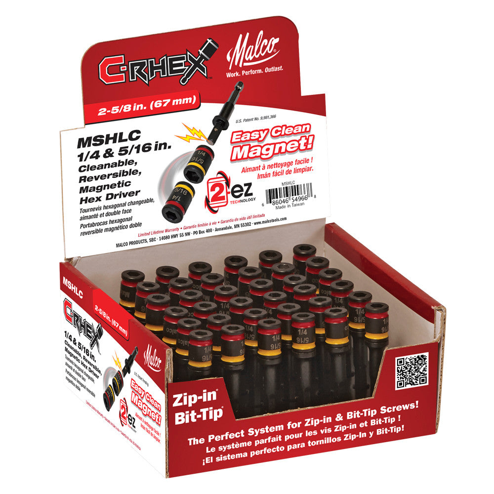 Malco MSHLC 2-5/8 Inch C-RHEX Dual-Sided 1/4" & 5/16" Magnetic Hex Driver, Pack of 36