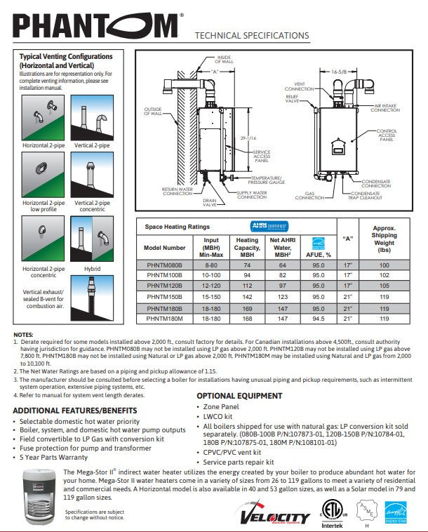 Crown Phantom PHNTM120HNT1SU 120K Nat Gas 5:1 Turndown Hot Water Boiler