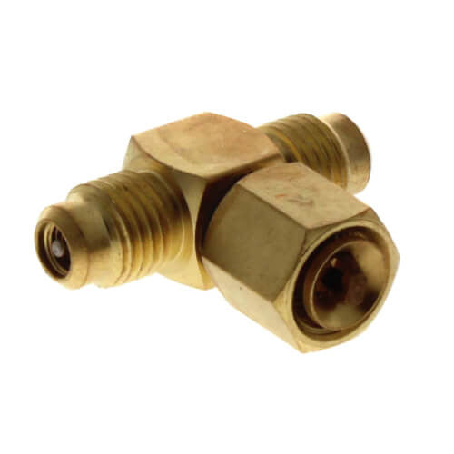 Supco 1/4" MF w/ Valve Core and Cap x 1/4" MF x 1/4" FF Nut w/ Despressor Tip on Brass Tee