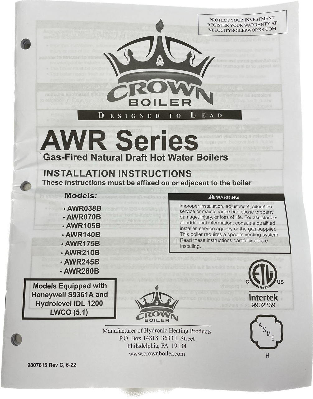 Velocity Boiler 301604 Awr-Natural Gas to Liquid Propane Conversion Kit
